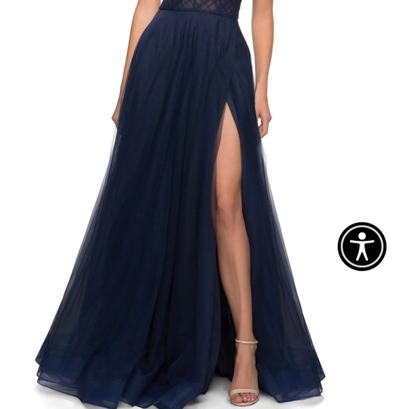 La Femme Navy Blue Side Slit Illusion A-Line Tulle Ballgown Size 4 NWT - Picture 3 of 7